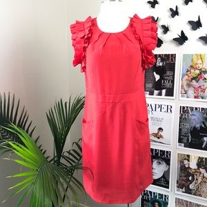 JADE CORAL PLEATED RUFFLE SLEEVE DRESS